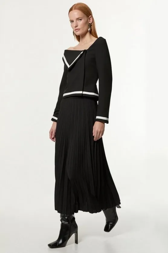 Karen Millen Compact Stretch Asymmetric Neck Color Block Pleated Tailored Midaxi Dress mono New