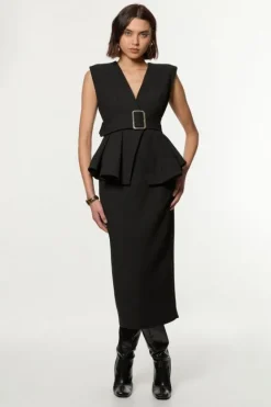 Karen Millen Compact Stretch Belted Peplum Tailored Maxi Dress black Fashion