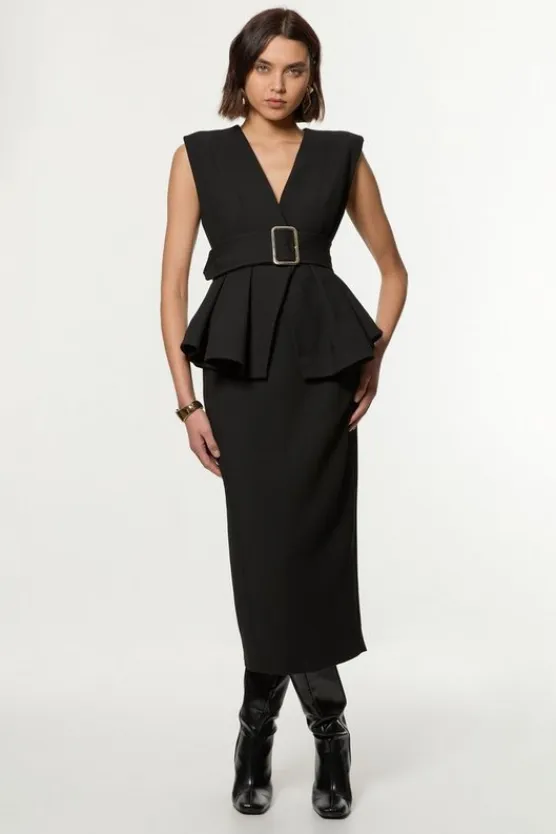Karen Millen Compact Stretch Belted Peplum Tailored Maxi Dress black Fashion