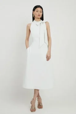 Karen Millen Compact Stretch Bow Tie Neck Full Skirted Midi Dress ivory Discount