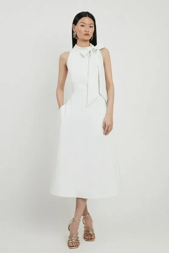 Karen Millen Compact Stretch Bow Tie Neck Full Skirted Midi Dress ivory Discount