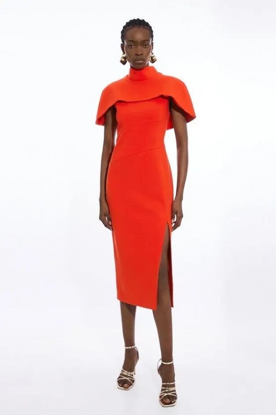 Karen Millen Compact Stretch Caped Cap Sleeved Neck Tie Tailo Midi Dress red Outlet