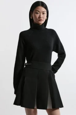 Karen Millen Compact Stretch Color Block Pleated Tailored Mini Skirt black Hot