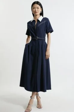 Karen Millen Compact Stretch Contrast Collar Full Skirted Midi Dress midnight Sale