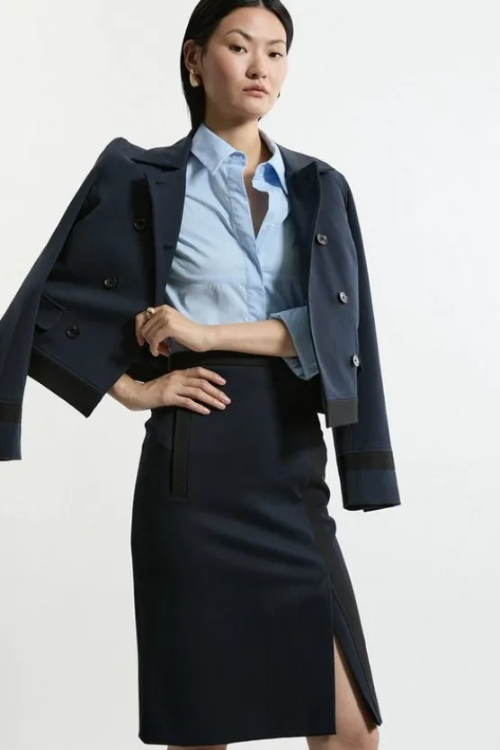 Karen Millen Compact Stretch Contrast Grosgrain Tailored Midi Skirt navy Discount