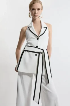 Karen Millen Compact Stretch Contrast Tipped Belted Wide Leg Tailored Jumpsuit ivory Best