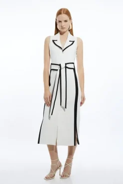 Karen Millen Compact Stretch Contrast Tipped Belted Pencil Maxi Dress ivory Clearance