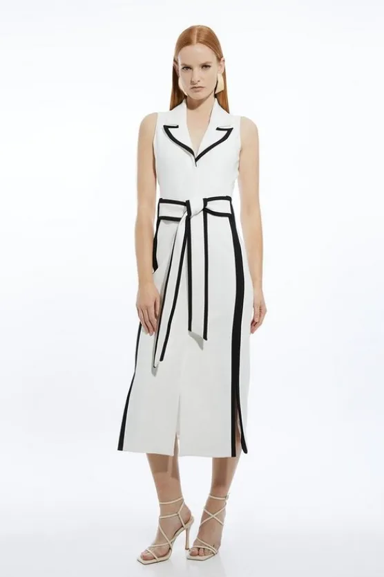 Karen Millen Compact Stretch Contrast Tipped Belted Pencil Maxi Dress ivory Clearance