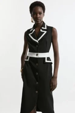 Karen Millen Compact Stretch Contrast Tipped Belted Tailored Midi Dress black Hot