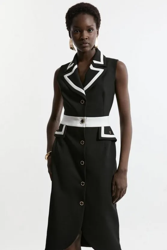 Karen Millen Compact Stretch Contrast Tipped Belted Tailored Midi Dress black Hot