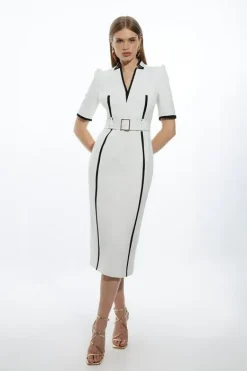 Karen Millen Compact Stretch Contrast Tipped Forever Belted Tailored Midi Dress ivory Clearance