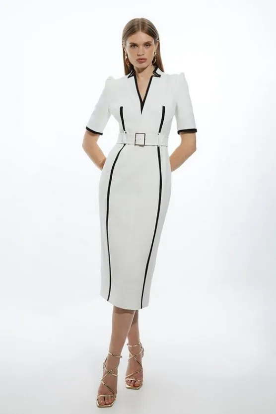 Karen Millen Compact Stretch Contrast Tipped Forever Belted Tailored Midi Dress ivory Clearance