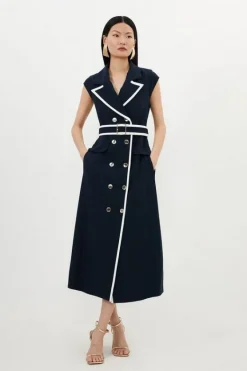 Karen Millen Compact Stretch Double Breasted Belted Tipped Tailored Midi Dress midnight Clearance