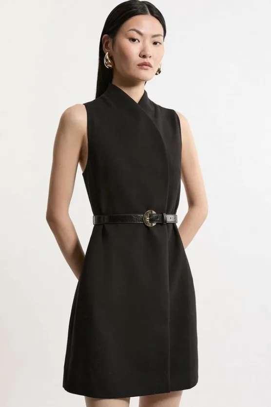 Karen Millen Compact Stretch Essential Belted Tailored Mini Dress black Clearance