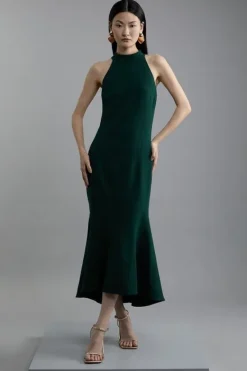 Karen Millen Compact Stretch Essential Tailored High Neck Dip Hem Midi Dress forest Clearance