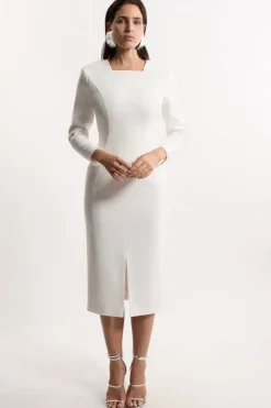 Karen Millen Compact Stretch Fitted Tailored Maxi Dress ivory New