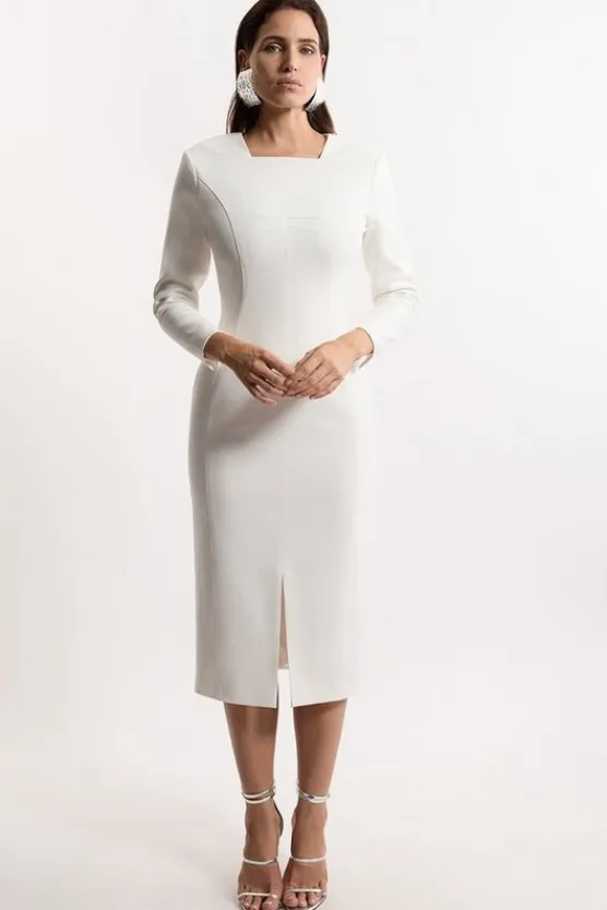 Karen Millen Compact Stretch Fitted Tailored Maxi Dress ivory New