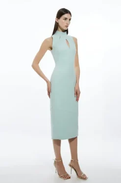 Karen Millen Compact Stretch Neck Tie Panelled Midi Dress sage Fashion