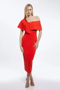 Karen Millen Compact Stretch Off Shoulder Button Through Tailored Midaxi Pencil Dress tomatored Sale