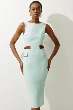 Karen Millen Compact Stretch Tab Waist Detail Tailored Midi Dress mint Discount