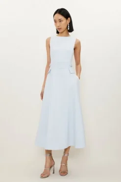 Karen Millen Compact Stretch Tab Waist Detail Full Skirt Midi Dress lightblue Outlet