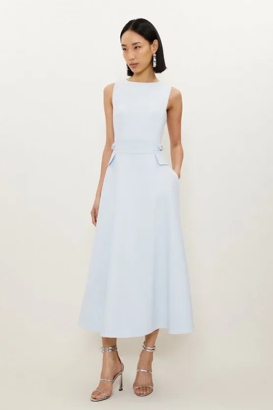 Karen Millen Compact Stretch Tab Waist Detail Full Skirt Midi Dress lightblue Outlet