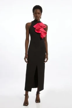 Karen Millen Compact Stretch Taffeta Asymmetric Ruffle Tailored Midi Dress black Best