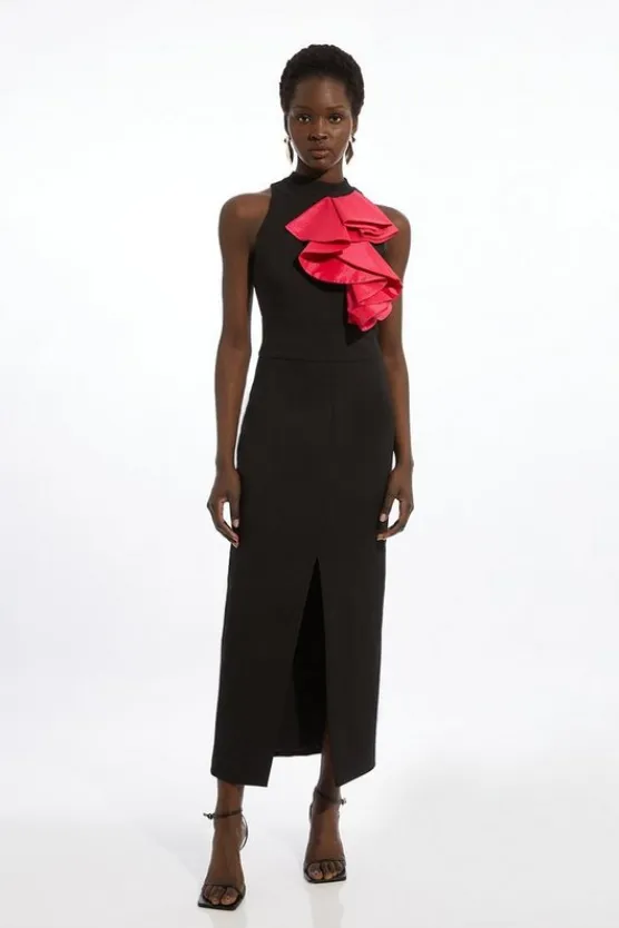 Karen Millen Compact Stretch Taffeta Asymmetric Ruffle Tailored Midi Dress black Best