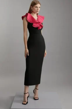 Karen Millen Compact Stretch Taffeta Ruffle Tailored Midi Dress black Online