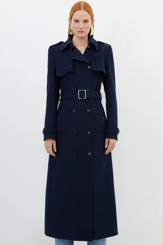 Karen Millen Compact Stretch Tailored Belted Trench Coat navy Sale