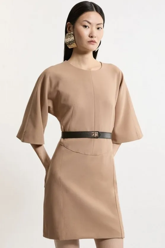 Karen Millen Compact Stretch Tailored Belted Dress camel Sale