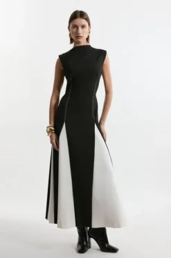 Karen Millen Compact Stretch Tailored Color Block Full Skirted Midi Dress mono Online
