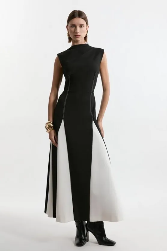 Karen Millen Compact Stretch Tailored Color Block Full Skirted Midi Dress mono Online
