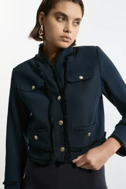 Karen Millen Compact Stretch Tailored Cropped Collarless Jacket navy Discount