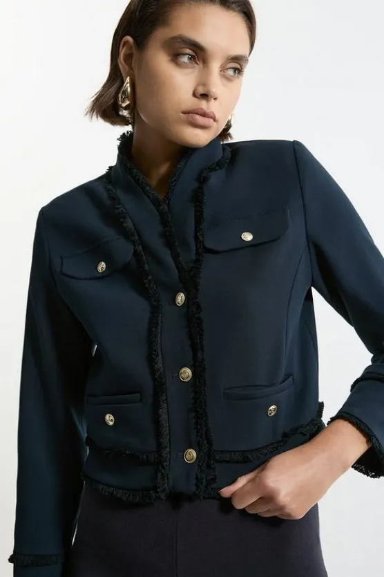 Karen Millen Compact Stretch Tailored Cropped Collarless Jacket navy Discount