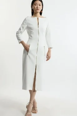 Karen Millen Compact Stretch Tailored Long Sleeve Zip Through Maxi Dress ivory Discount