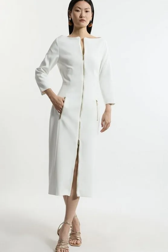 Karen Millen Compact Stretch Tailored Long Sleeve Zip Through Maxi Dress ivory Discount