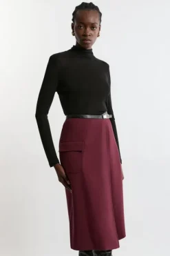 Karen Millen Compact Stretch Tailored Pu Tipped Wrap Midi Skirt fig Online