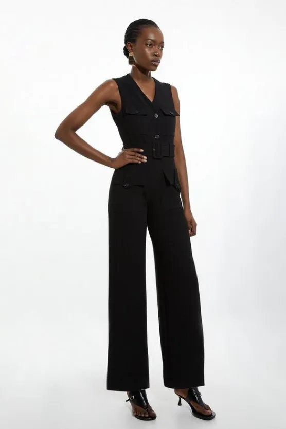 Karen Millen Compact Stretch Tailored Safari Belted Jumpsuit black Hot