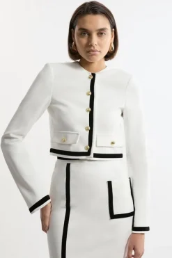 Karen Millen Compact Stretch Tipped Velvet Contrast Collarless Tailored Jacket mono Outlet