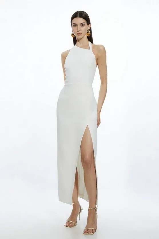 Karen Millen Compact Stretch Viscose Asymmetric Strap Tailored Midi Dress ivory Best