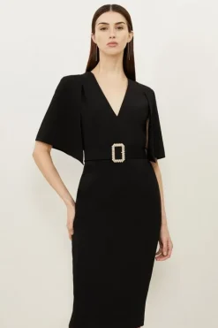 Karen Millen Compact Stretch Viscose Cape Pencil Midi Dress black Best