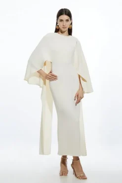 Karen Millen Compact Stretch Viscose Cape Detail Maxi Dress cream Online