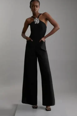 Karen Millen Compact Stretch Viscose Crystal Embellished Rosette Wide Leg Tailored Jumpsuit black New