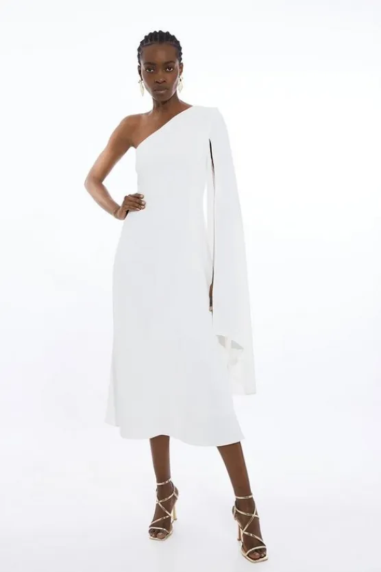 Karen Millen Compact Stretch Viscose One Shoulder Drape Full Skirt Dress ivory Best