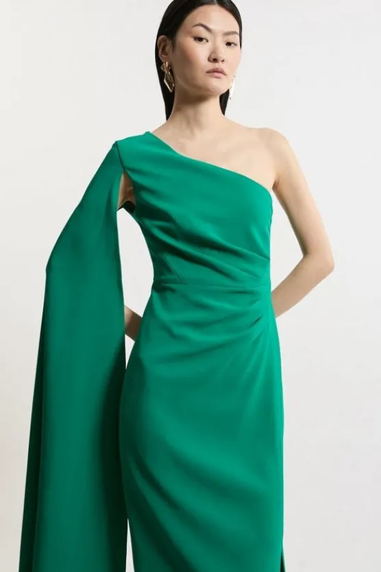 Karen Millen Compact Stretch Viscose One Shoulder Cape Maxi Dress green Clearance