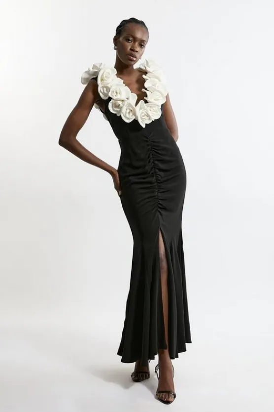 Karen Millen Compact Stretch Viscose Rosette Tailored Maxi Dress mono Discount