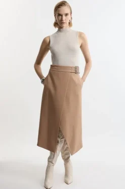 Karen Millen Compact Stretch Wrap Over Belted Tailored Maxi Skirt camel Clearance