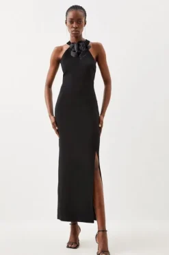 Karen Millen Compact Viscose Small Corsage Detail Tailored Halterneck Midaxi Dress black Sale