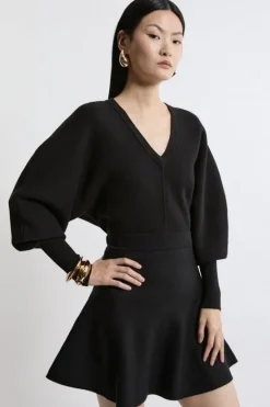 Karen Millen Compact Wool Look V Neck Batwing Knit Sweater black Discount